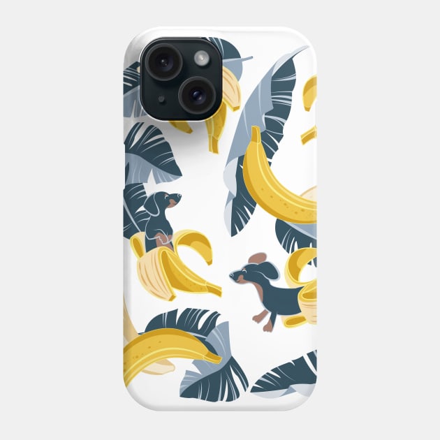 Surrealistic tropical Dachshund bananas // print // pastel blue background navy blue dogs and banana fruit leaves Phone Case by SelmaCardoso