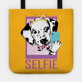 Dalmatian puppy portrait with smartphone making selfie Tote