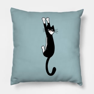 Black and White Cat Hanging On | Funny Tuxedo Cat Pillow