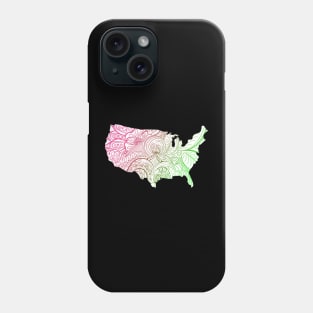 Colorful mandala art map of the United States of America in pink and green on white background Phone Case