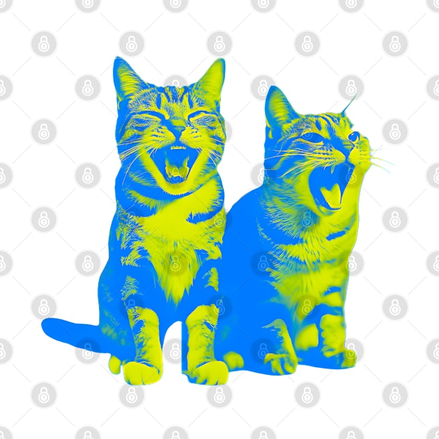 Laughing Cats - duotone blue and yellow by Ravenglow