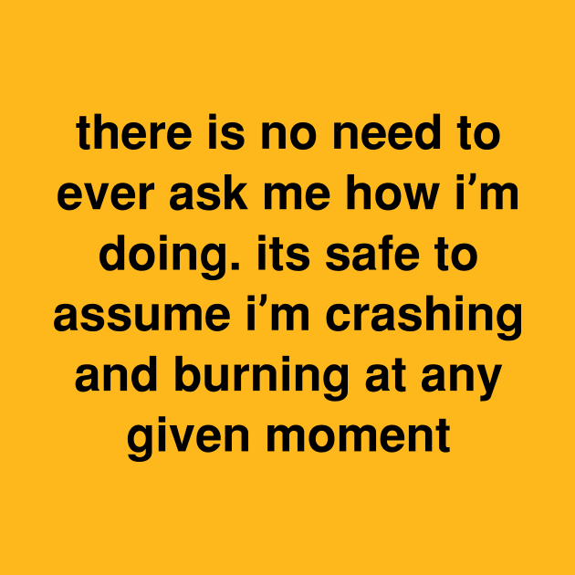 There is no need to ever ask me how I’m doing. its safe to assume I’m crashing and burning at any given moment by Ramy Art