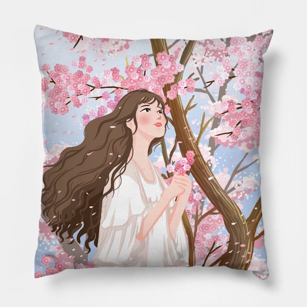 Beautiful Lady With Bloom Flowers Pillow by MariaStore