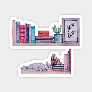 Watercolor Library Lovers Bookshelf with cat books It's lit Magnet