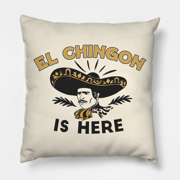 El Chingon Is Here // Funny Mexican Vaquero Vintage Stamp Pillow by SLAG_Creative