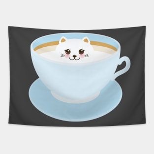 Cute Kawaii cat in blue cup of froth art coffee Tapestry