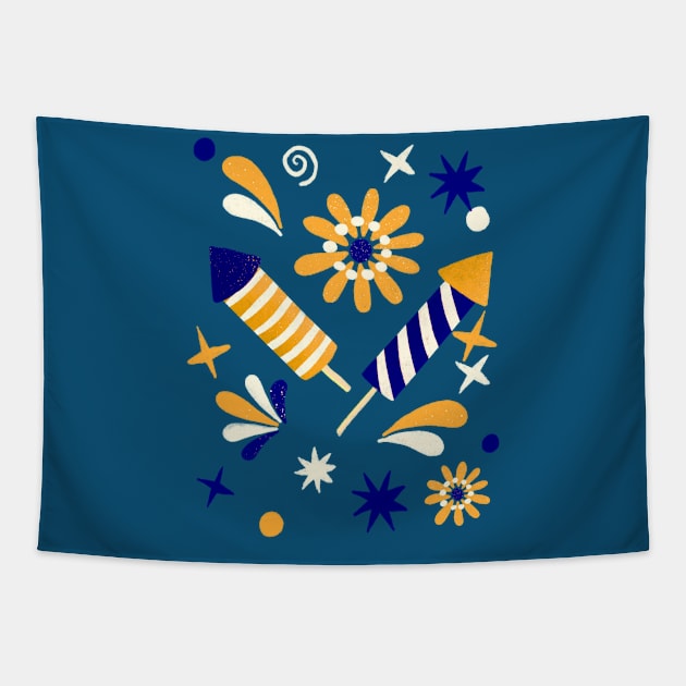 Blue and yellow retro fireworks Tapestry by Home Cyn Home 