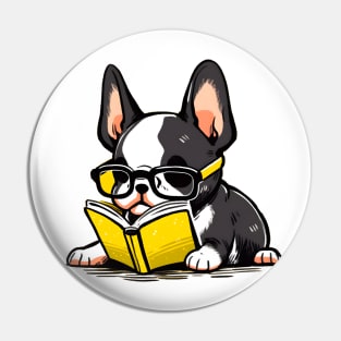 Boston Terrier With Glasses Reading a Book Pin