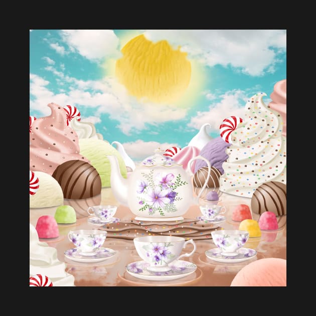 Fantasy candy land illustration. Sweets wonderworld landscape. Magical tea set. by likapix