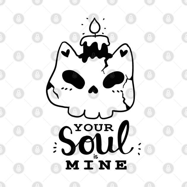 cute skull cat with candle black and white doodle Halloween your soul is mine by Janatshie