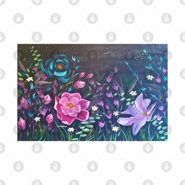 Moonlight Sonata, Glowing Flowers at Night, Bright Flowers on Black, Pink, Purple, Blue flowers, Floral Bedding, Floral Decor by roxanegabriel