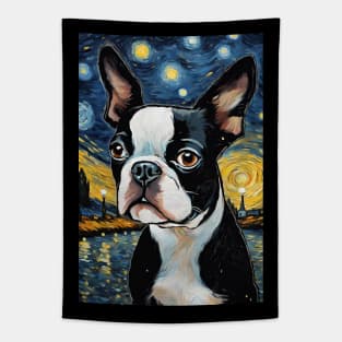 Boston Terrier Dog Breed Painting in a Van Gogh Starry Night Art Style Tapestry