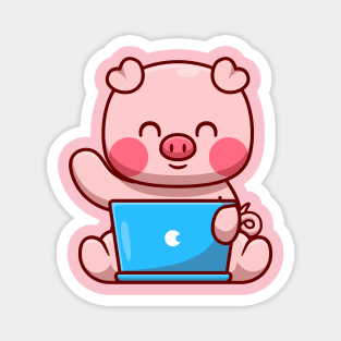 Cute Pig Working On Laptop Cartoon Magnet