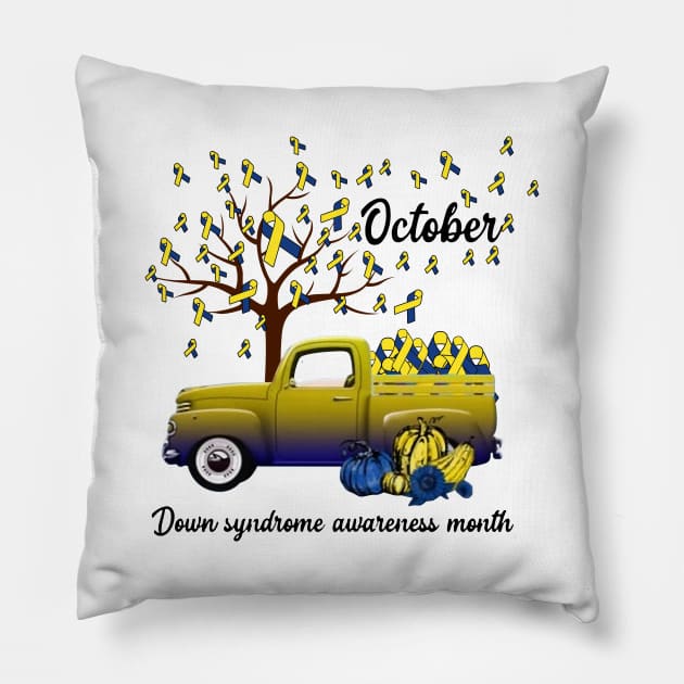 Blue And Yellow Ribbon Pumpkin Truck Down Syndrome Awareness Pillow by HomerNewbergereq