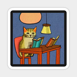 Cat Studying In The Library Illustration Magnet