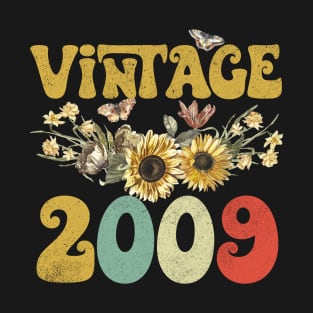 Vintage 2009 Sunflower Floral Retro Groovy 14th Birthday T-Shirt