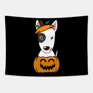 Funny bull terrier is in a pumpkin Tapestry