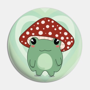 Mushroom Hat Kawaii Frog on Light Green Hearts Pin