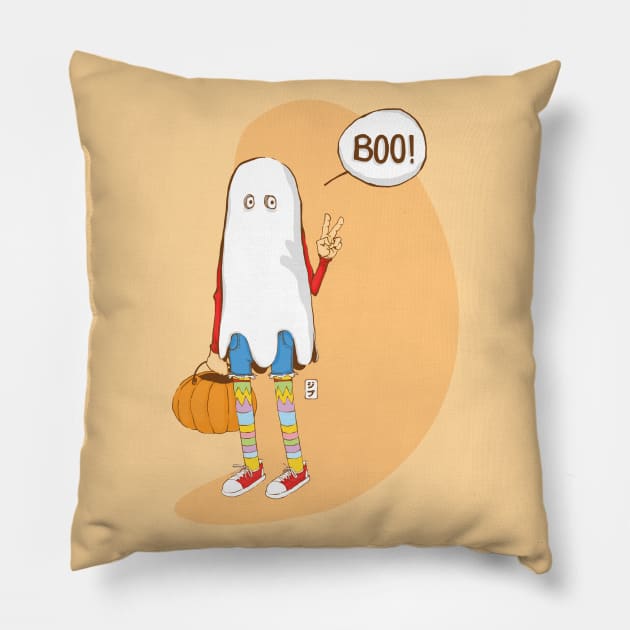 The ghost with cute socks that says "Boo" Pillow by geep44