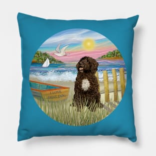 At the Shore with a Brown Portuguese Water Dog with a White Bib Pillow