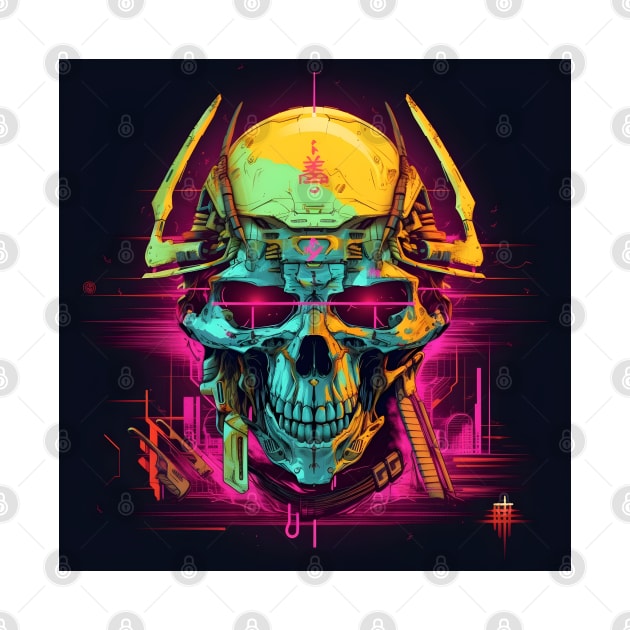 Cyberpunk Neon Samurai Skull by TooplesArt