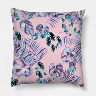 Tropical leaves pink blue Pillow