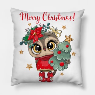 Cute owl holds a Christmas tree and the inscription merry Christmas Pillow