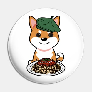 Cute orange dog eating spaghetti Pin