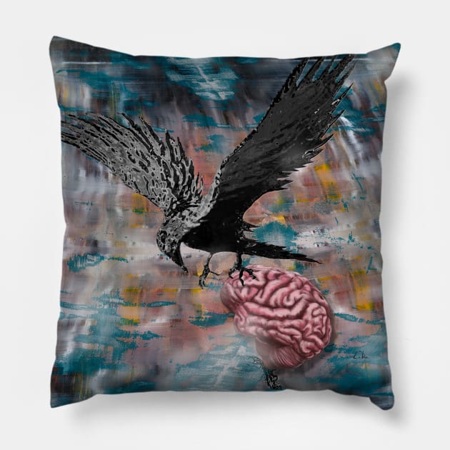 Bird Brain Ravens Abstract Art Pillow by Dual Rogue