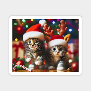 Cute kittens with Santa Claus and reindeer hats and Christmas tree Magnet