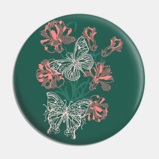 Pink and Teal Butterflies and Flowers Pin