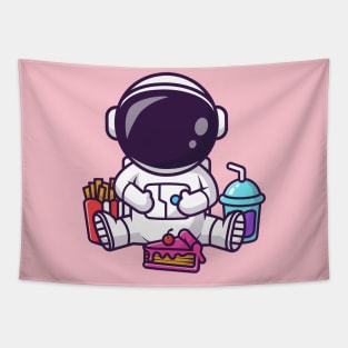 Cute Fat Astronaut Eating Cake With French Fries And Soda Cartoon Tapestry