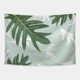 Autumn fall green greenvibes on aquamarine tropical palm leaves Tapestry