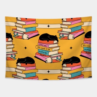 Books and Plant Black Cat Pattern in yellow Tapestry