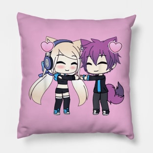 Cute Chibi style Kawaii Anime Girl and Boy Couple and Hearts Pillow