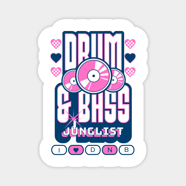 DRUM AND BASS  - 3 Records & Hearts (Navy/Pink) Magnet by DISCOTHREADZ 