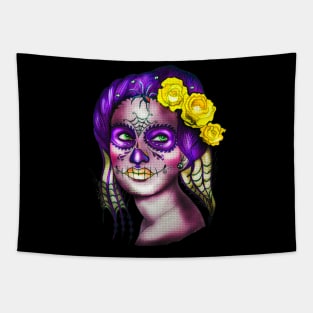 Dia De Los Muertos Skull Girl with Roses Tapestry