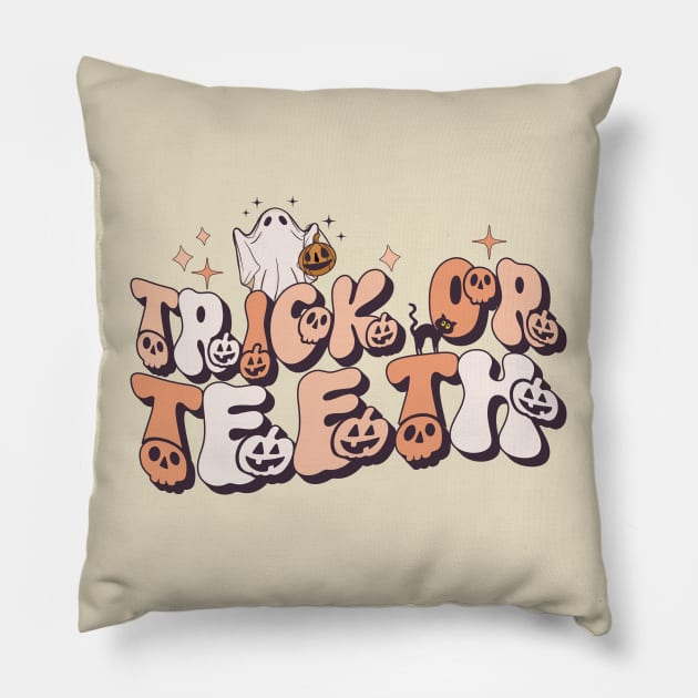 Trick Or Teeth Dentist Halloween Retro Spooky Dental Assistant Hygienist Halloween Pillow by Nisrine