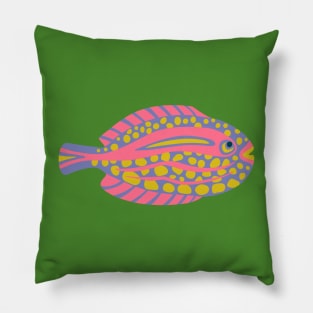 TROPICAL ZONE SINGLE SPOTTED FISH Coral Reef Undersea Ocean Sea Creatures in Bright Pink Purple Yellow on Green - UnBlink Studio by Jackie Tahara Pillow