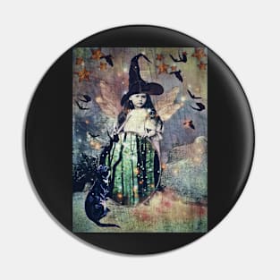 The Little Witch cat, magic stars, vintage mirror Pin