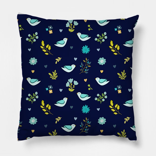 Floral pattern with birds in dark blue background Pillow by bigmomentsdesign