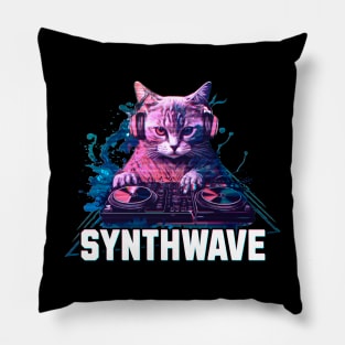 Synthwave cat with headphones Pillow