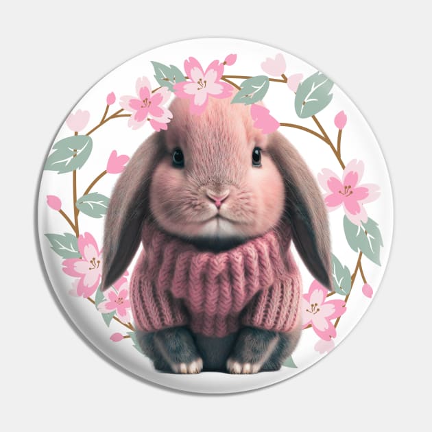 Adorable Baby Bunny in pink wool sweater - crown of charming flowers and leave Pin by Artfully Yours