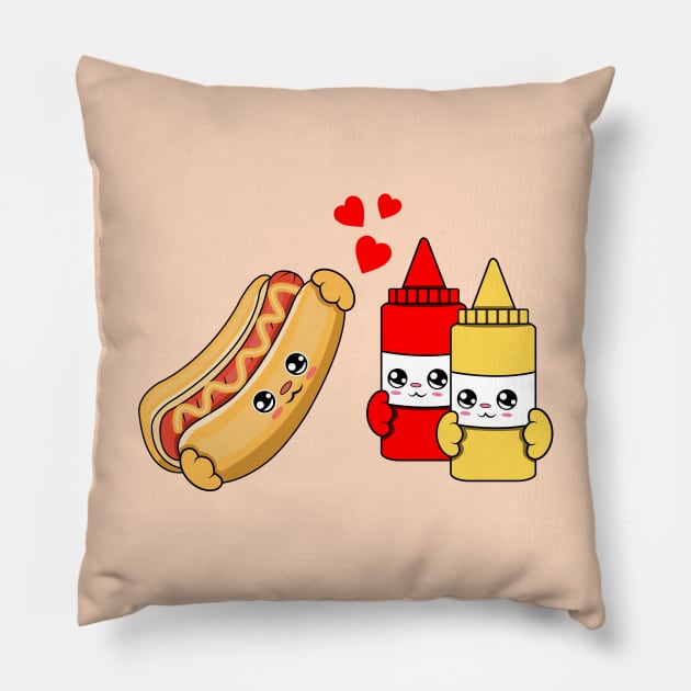 All i need is hot dogs ketchup and mustard, Kawaii hot dogs ketchup and mustard cartoon. Pillow by JS ARTE