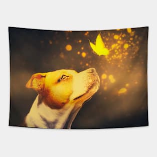 Staffordshire Bull Terrier and butterfly photo manipulation Magic moment Tapestry