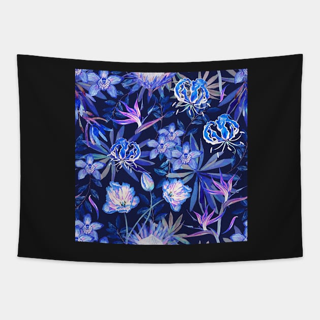 Tropical floral blue lilac repeating pattern Tapestry by LeanneTalbot