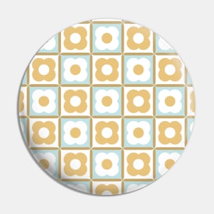 Retro Floral Checker Pattern Aqua, Gold Yellow Pin
