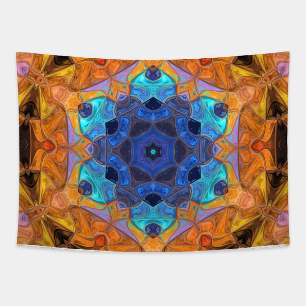 Mosaic Mandala Flower Blue and Orange Tapestry by WormholeOrbital