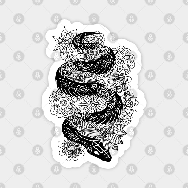 Snake with Flowers Black and White Drawing Magnet by julieerindesigns