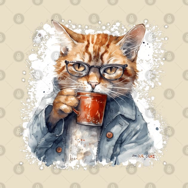 Grumpy Hangover Cat in Glasses Coffee Cup by Amour Grki